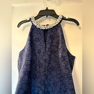 London Times Blue cocktail dress with white beaded/rhinestone neckline - Size 4